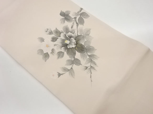 作家物　塩瀬金彩手描き椿模様名古屋帯